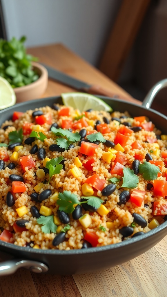 A colorful one-pan Mexican quinoa dish with black beans, corn, and tomatoes, garnished with cilantro and lime.